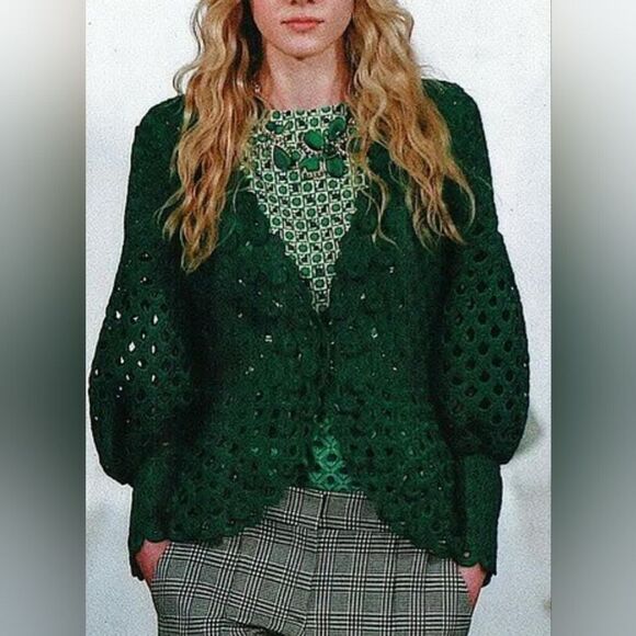 Oscar de la Renta Forest Green Crochet Cardigan Runway - Picture 1 of 11